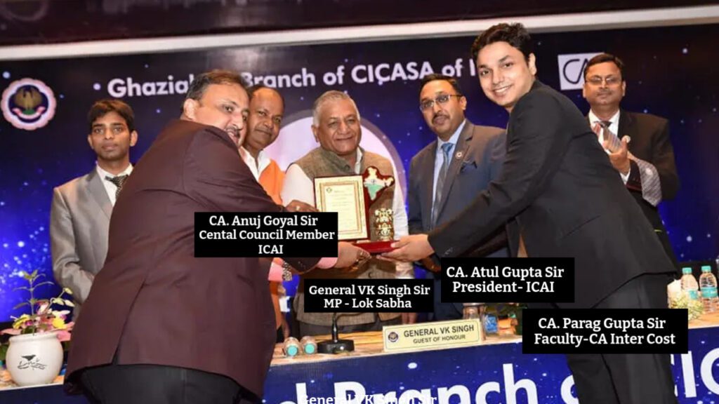 CA Parag Gupta Sir With General VK Singh Sir ( MP - Lok Sabha), CA. Anuj Goyal (Central Council Member), and With CA. Atul Kumar Gupta (ICAI President)